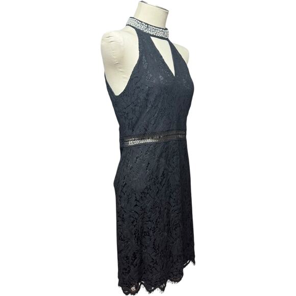 Francesca's Lace Cutout Mini Cocktail Dress Pearl Beaded Choker Black Large - Picture 5 of 5